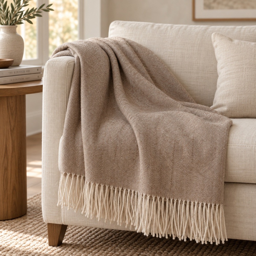 Alicia Adams 100% Alpaca Herringbone Throw Blanket Taupe 60x59 Quiet Luxury